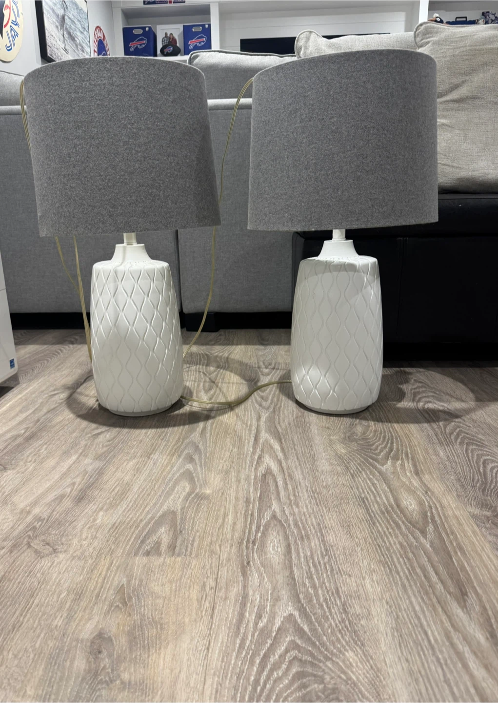 Pair of White Textured Table Lamps with Grey Shades