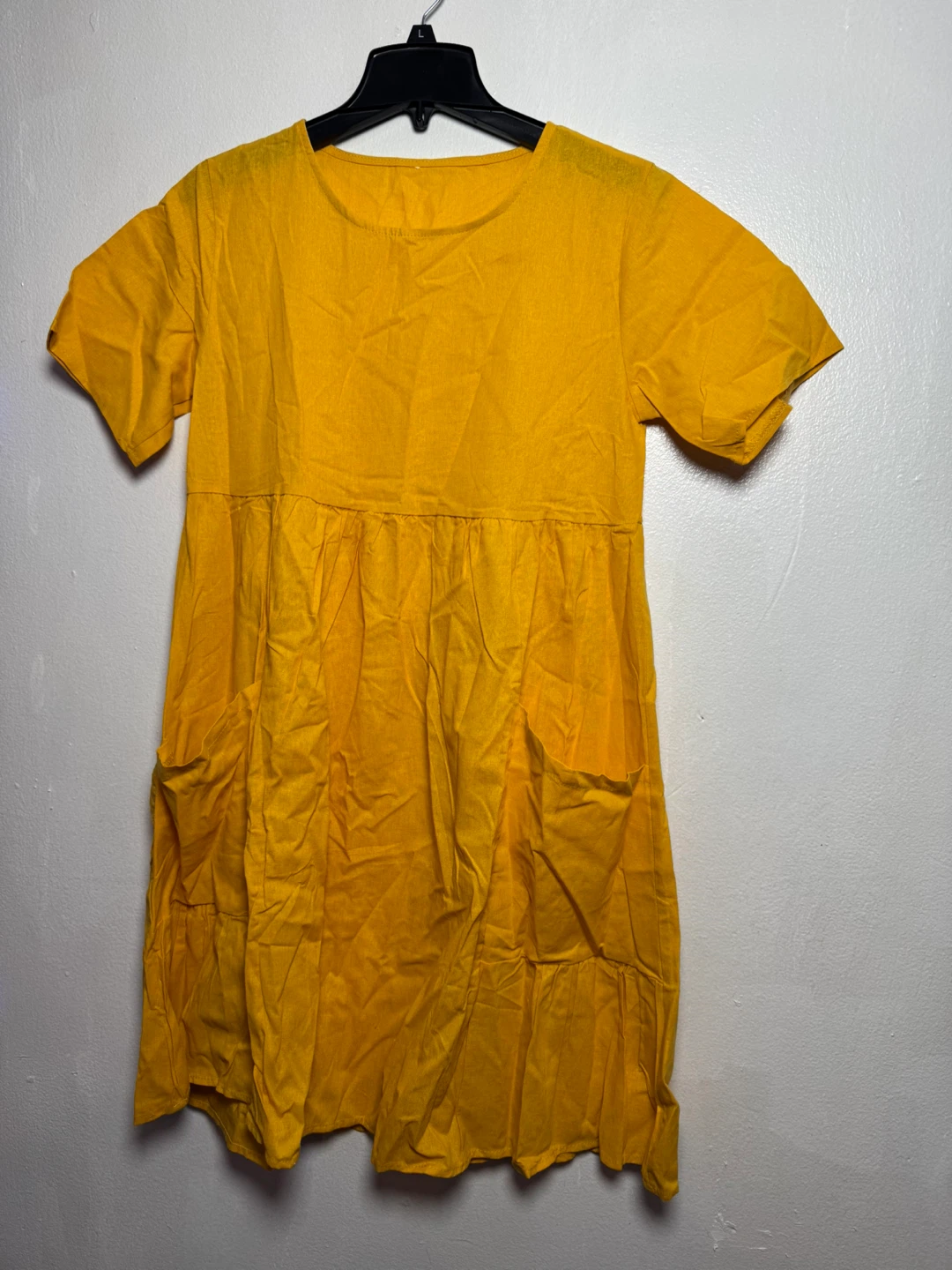 Yellow Linen Cotton Blend Short Sleeve Dress with Pockets