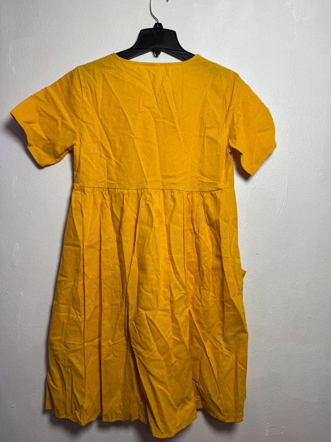 Yellow Linen Cotton Blend Short Sleeve Dress with Pockets - photo 3