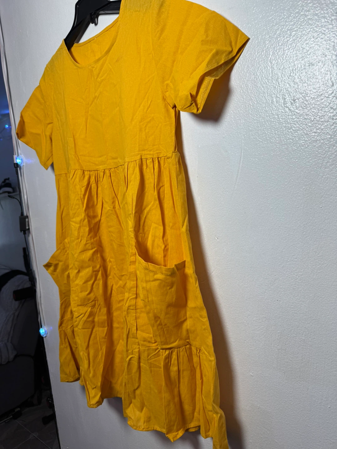 Yellow Linen Cotton Blend Short Sleeve Dress with Pockets - photo 2