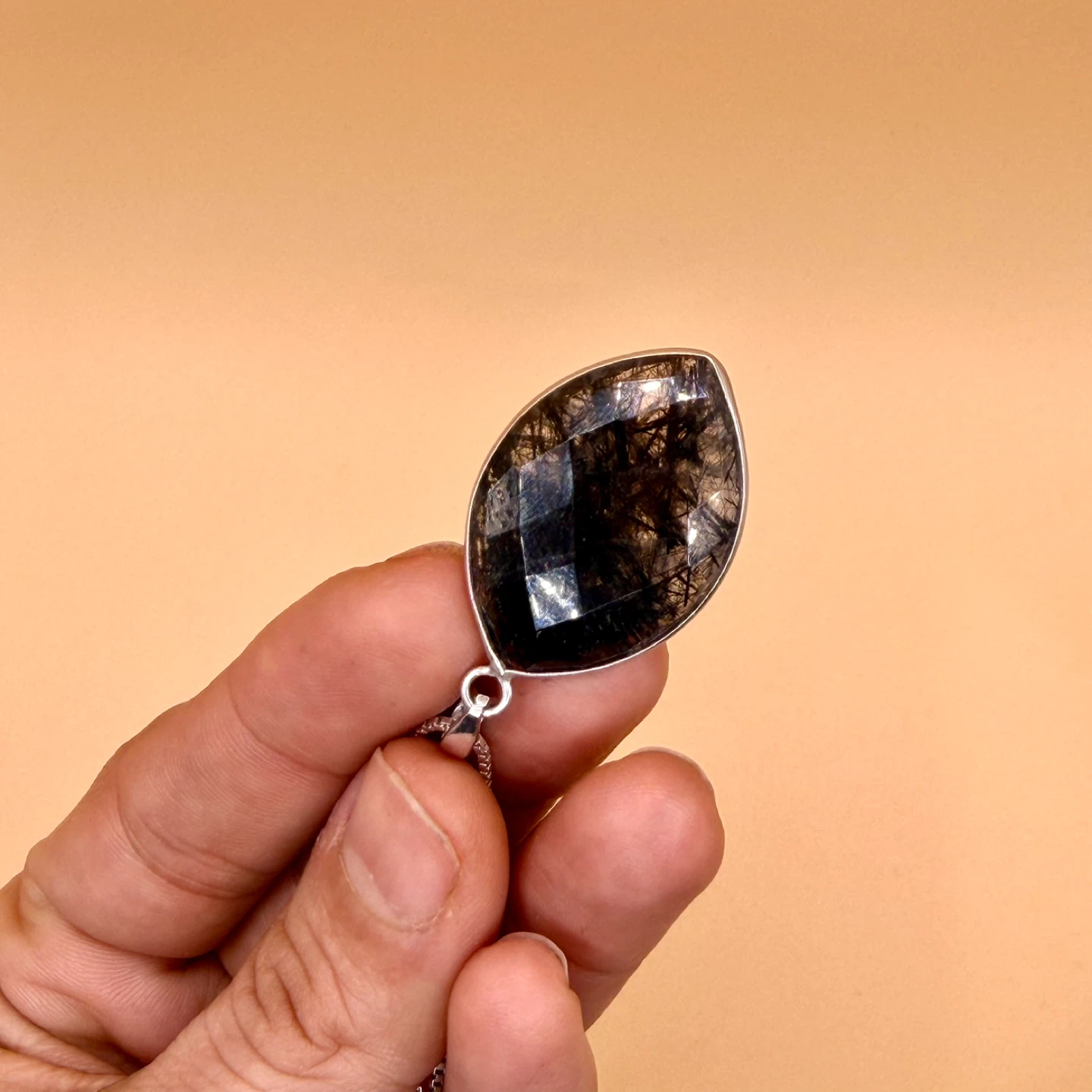 Black Quartz Pendant with Silver Chain