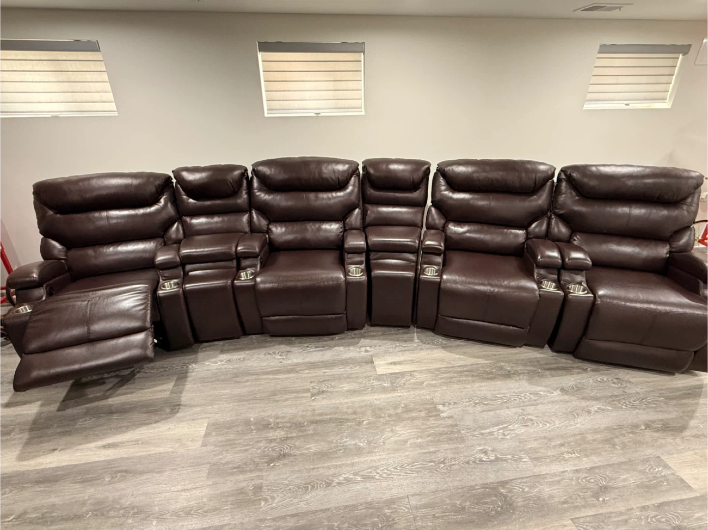 4-Seat Brown Leather Home Theater Recliner Set with Cup Holders