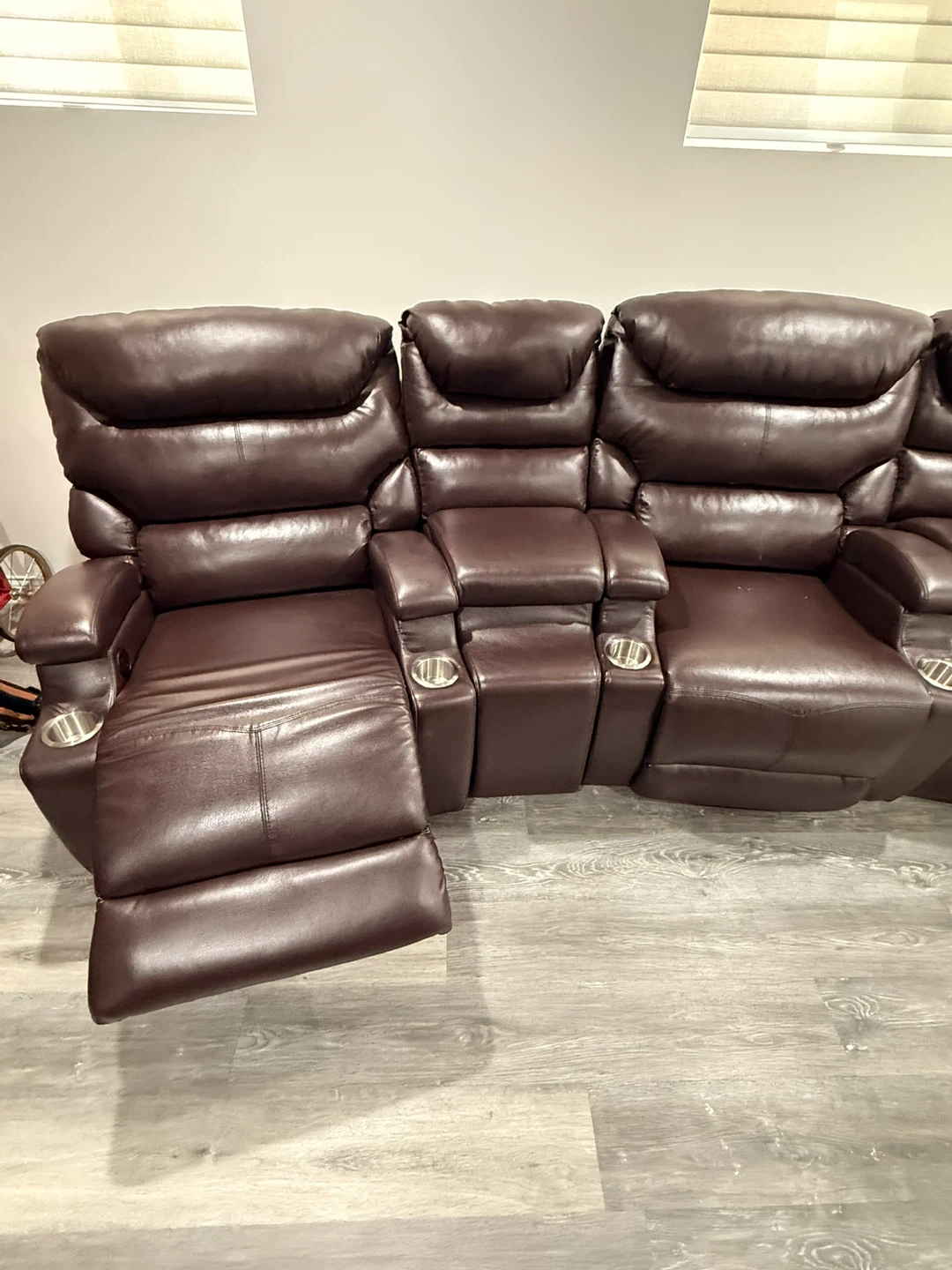4-Seat Brown Leather Home Theater Recliner Set with Cup Holders - photo 3
