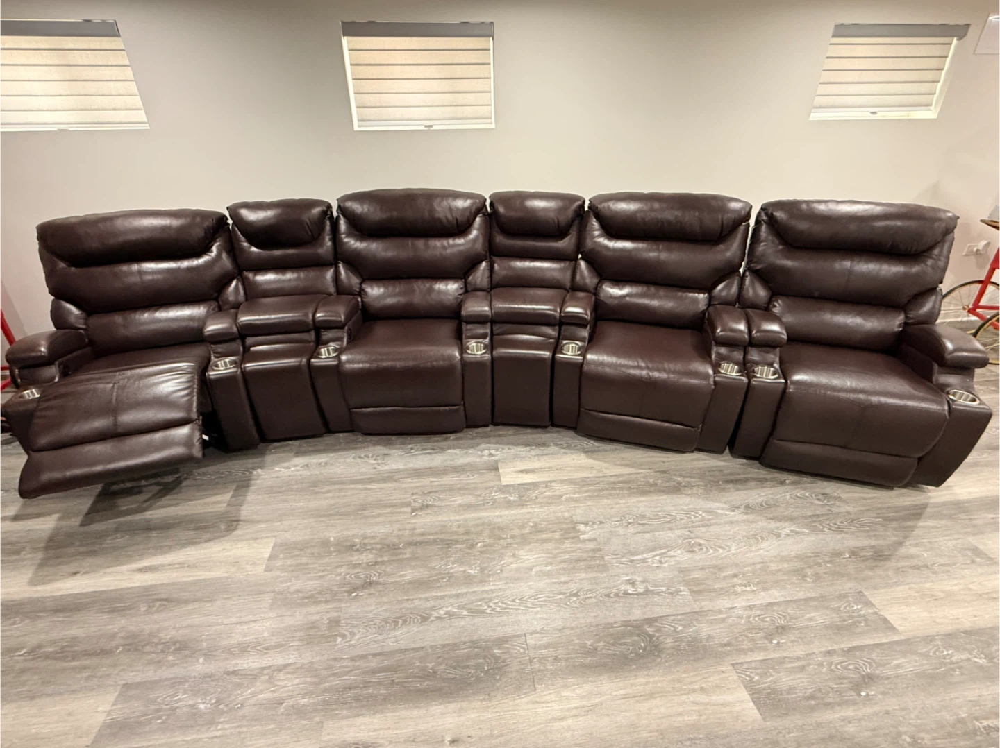 4-Seat Brown Leather Home Theater Recliner Set with Cup Holders - photo 2