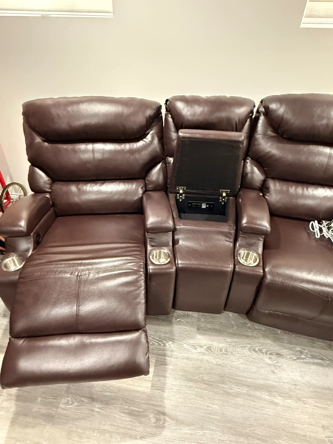 4-Seat Brown Leather Home Theater Recliner Set with Cup Holders - photo 4