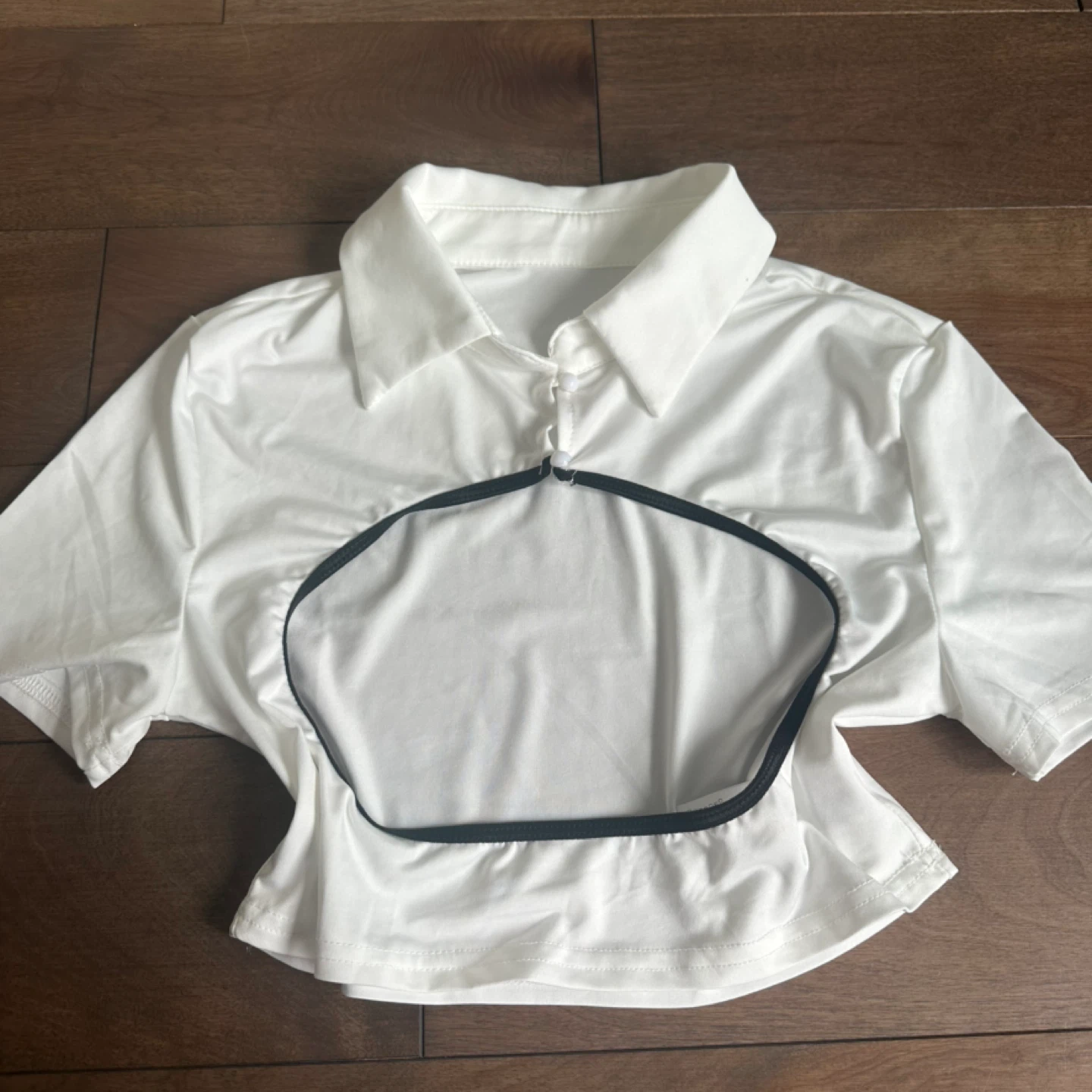 White Cutout Button-Up Cropped Shirt