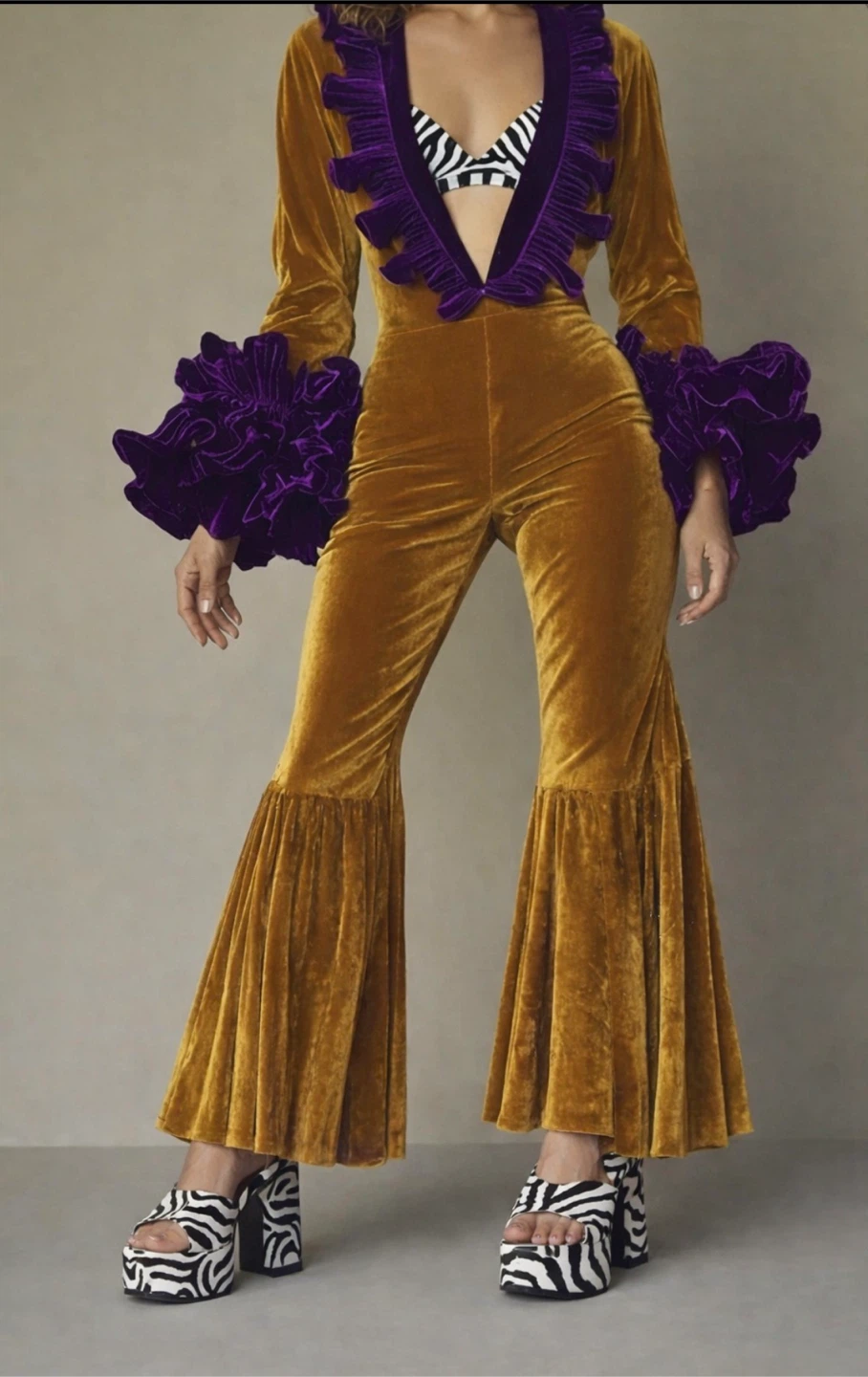Gold Velvet Jumpsuit with Purple Ruffle Trim