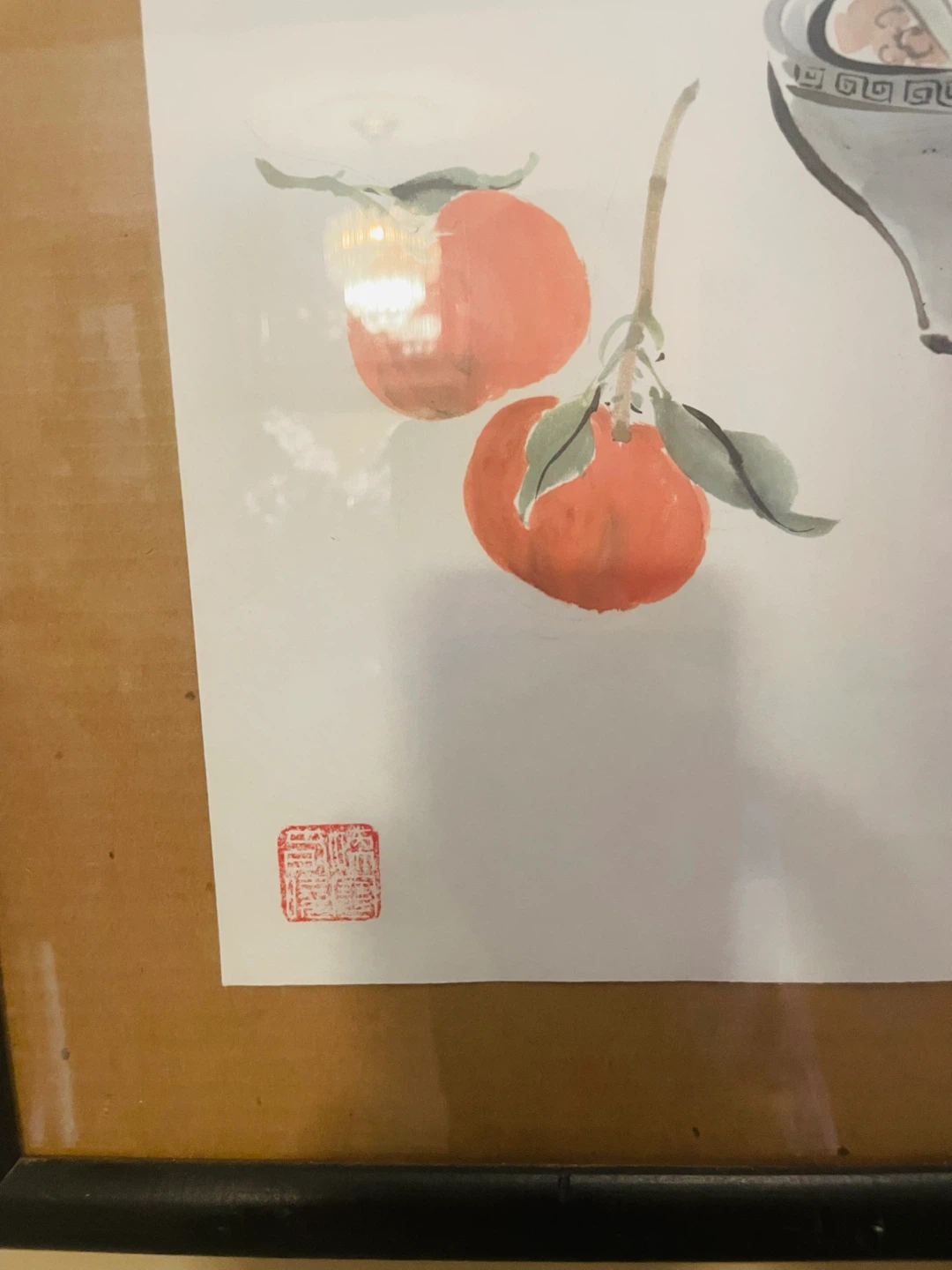 Framed Asian Artwork with Peonies and Persimmons - photo 3