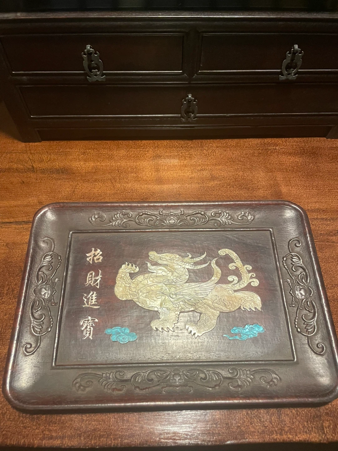 Decorative Wooden Tray with Dragon Motif