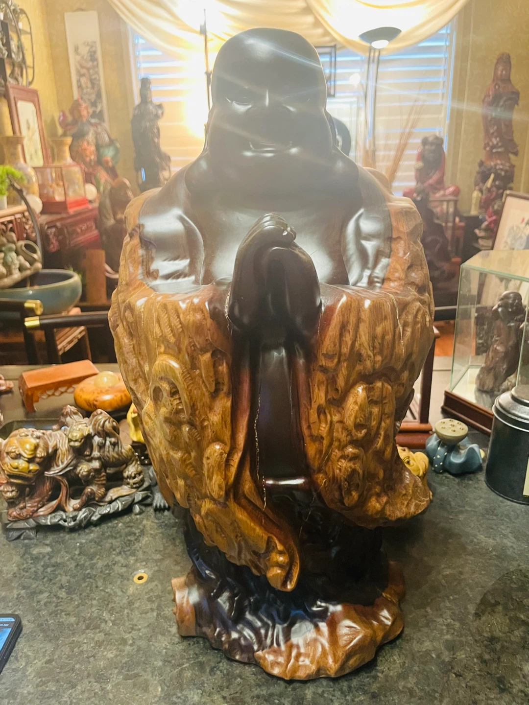 Large Wooden Laughing Buddha Statue