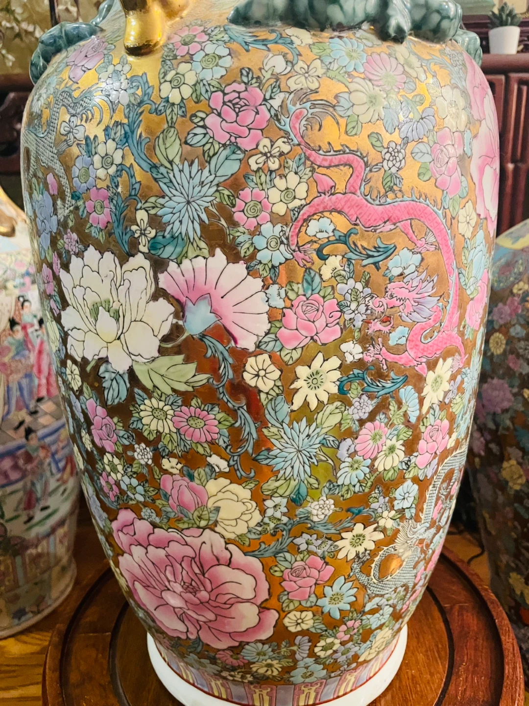 Large Vintage Porcelain Vase with Dragon and Floral Motif - photo 2