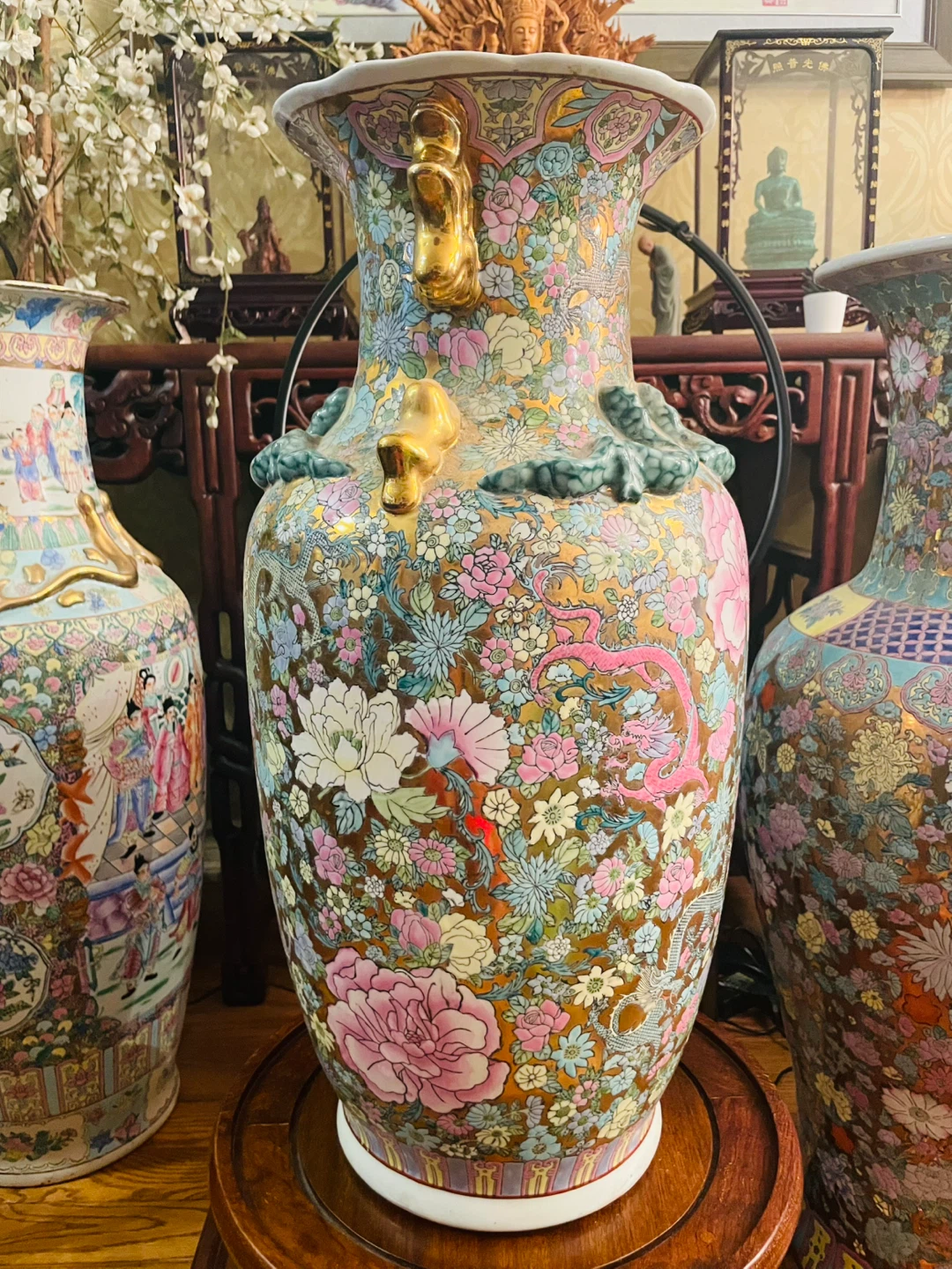 Large Vintage Porcelain Vase with Dragon and Floral Motif