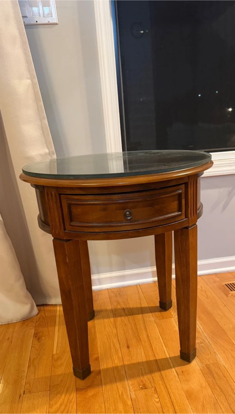 Round Wood Accent Table with Drawer and Glass Top