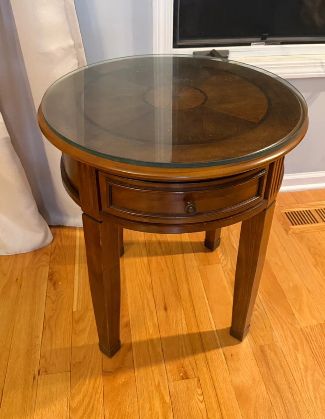 Round Wood Accent Table with Drawer and Glass Top - photo 2
