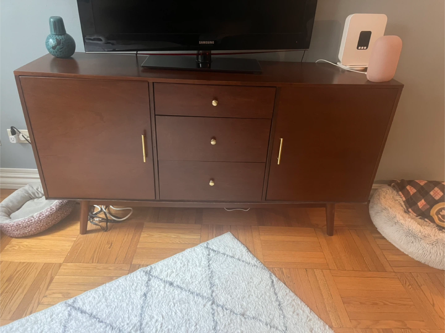 Mid-Century Modern Wood Media Console with Gold Hardware