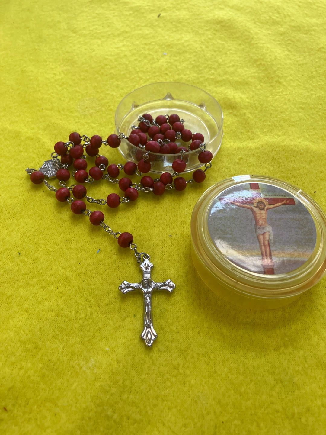 Red Beaded Rosary with Jesus Crucifix has the smell of roses