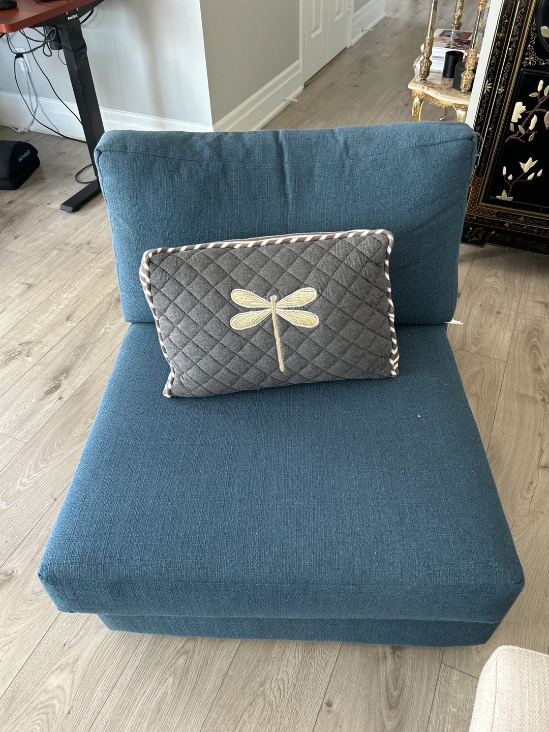 Blue Accent Chair with Decorative Pillow