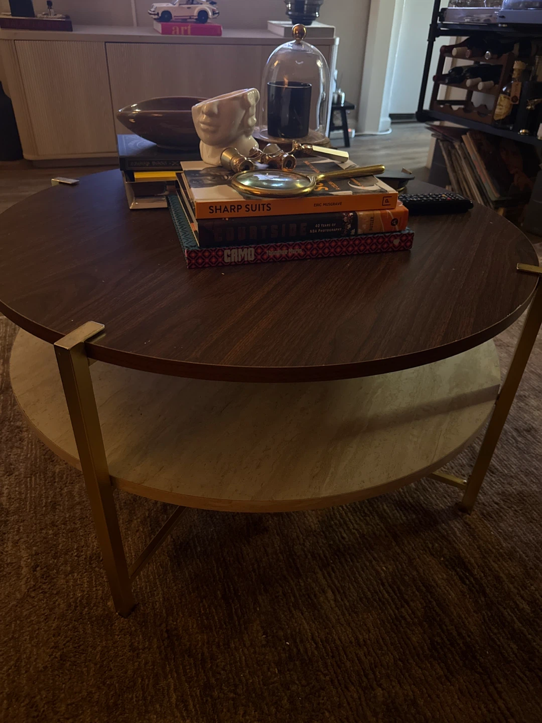 Round Wood Coffee Table with Marble Shelf