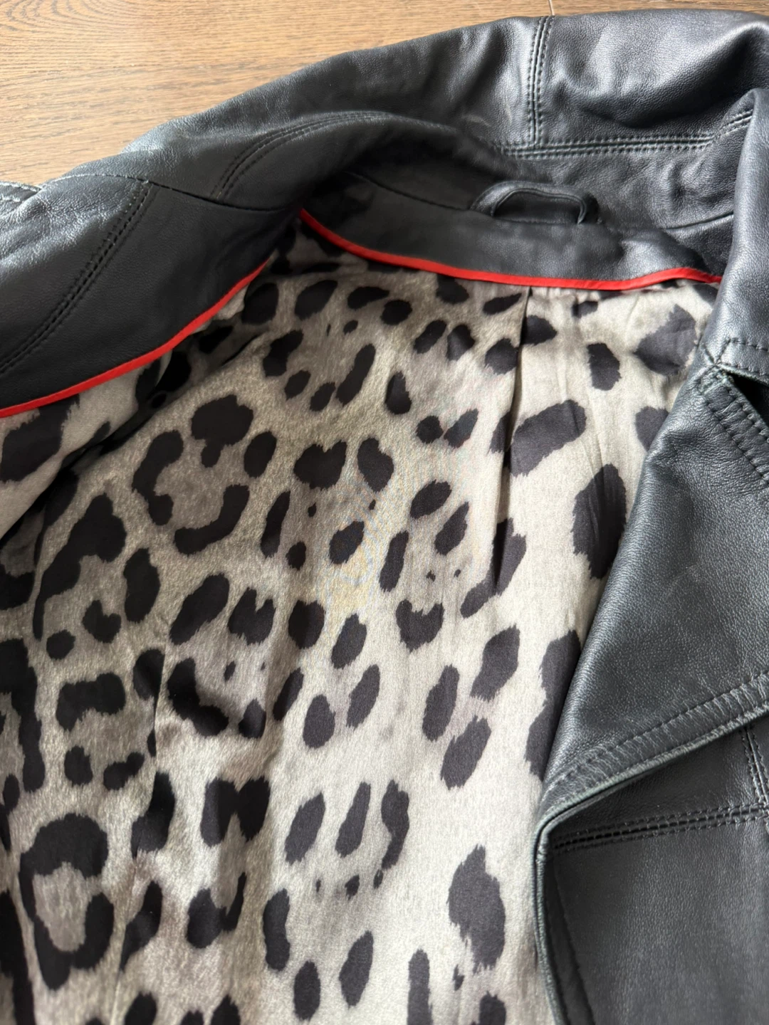 Black Leather Jacket with Leopard Print Lining - photo 2
