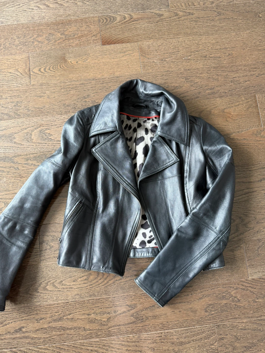 Black Leather Jacket with Leopard Print Lining