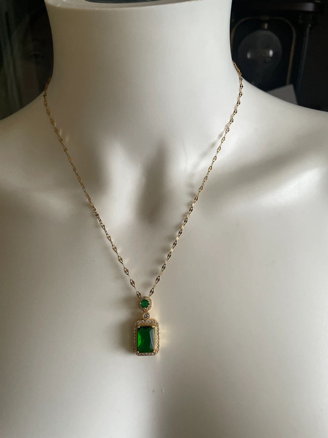 Gold Tone Necklace with Emerald Cut Green Pendant