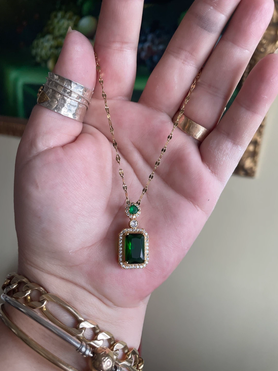 Gold Tone Necklace with Emerald Cut Green Pendant - photo 5