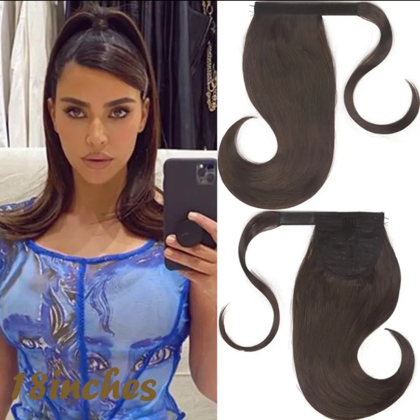 Clip-in Ponytail Extension - Dark Brown, 18 Inches
