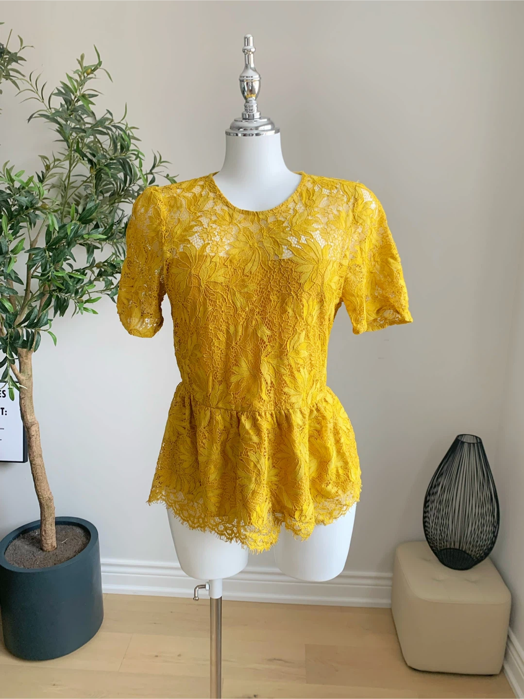 ZARA Yellow Lace Peplum Top XS