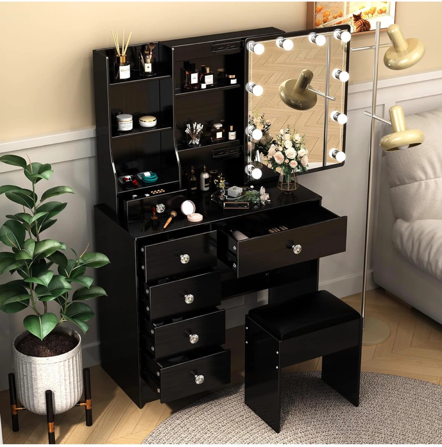 New Black Vanity Set with Lighted Mirror and Stool