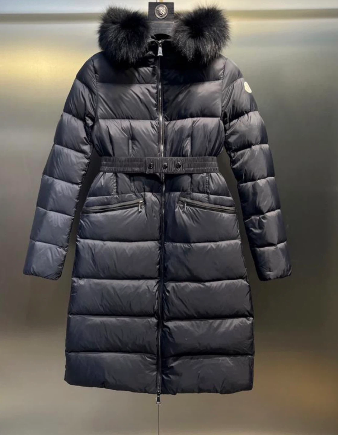 Moncler Black Down Coat with Fur Hood