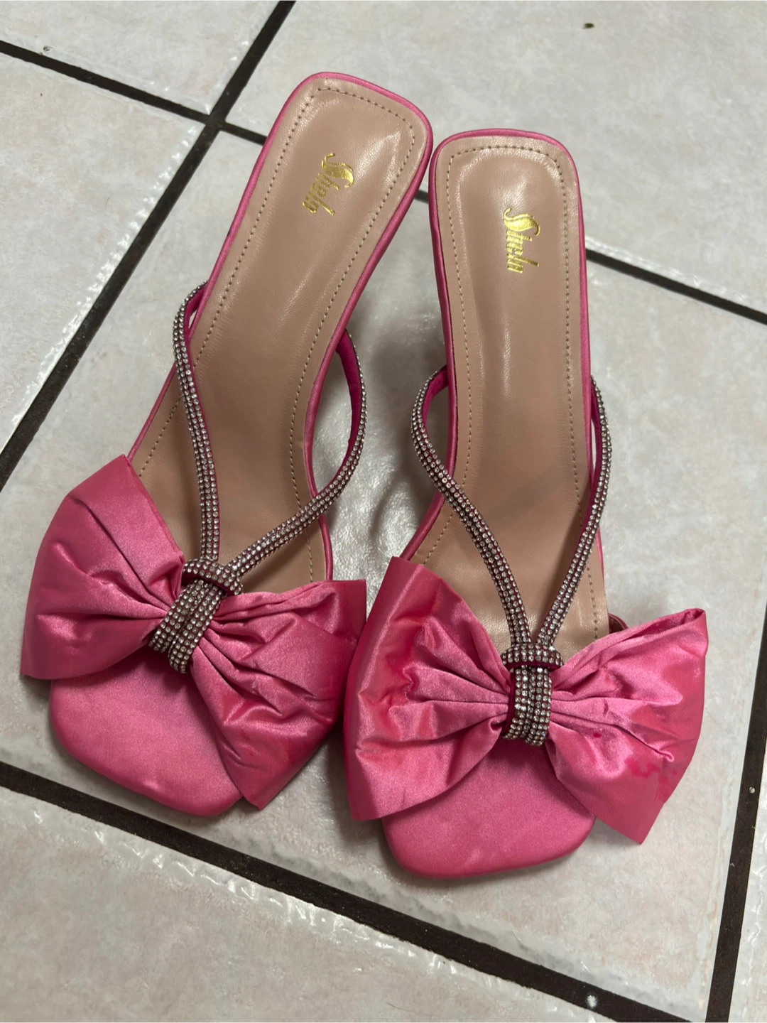 Shein Pink Bow Heels with Rhinestone Straps