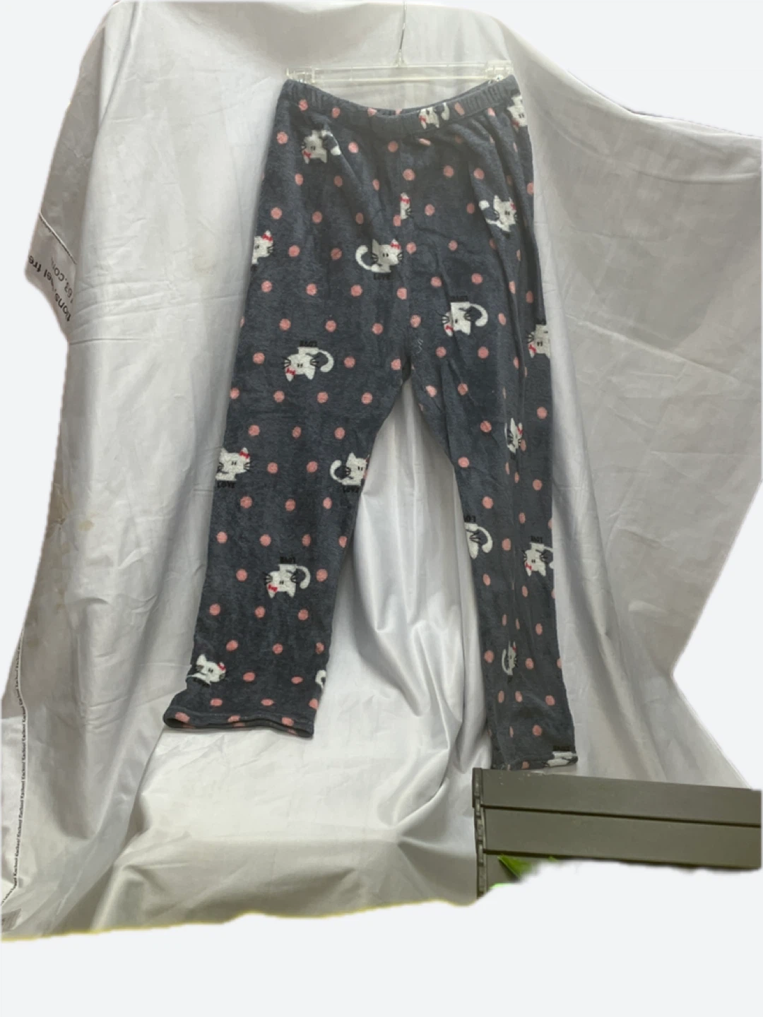 Gray Pajama Pants with Cat and Polka Dot Print