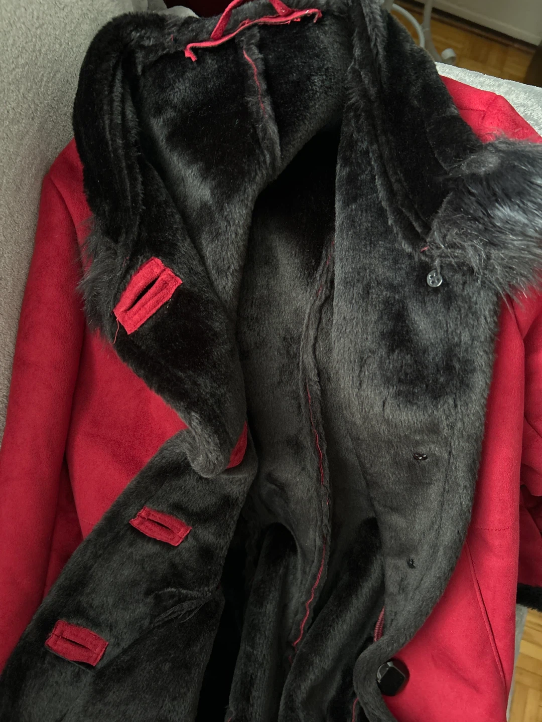 Red faux suede coat with black faux fur trim - photo 2