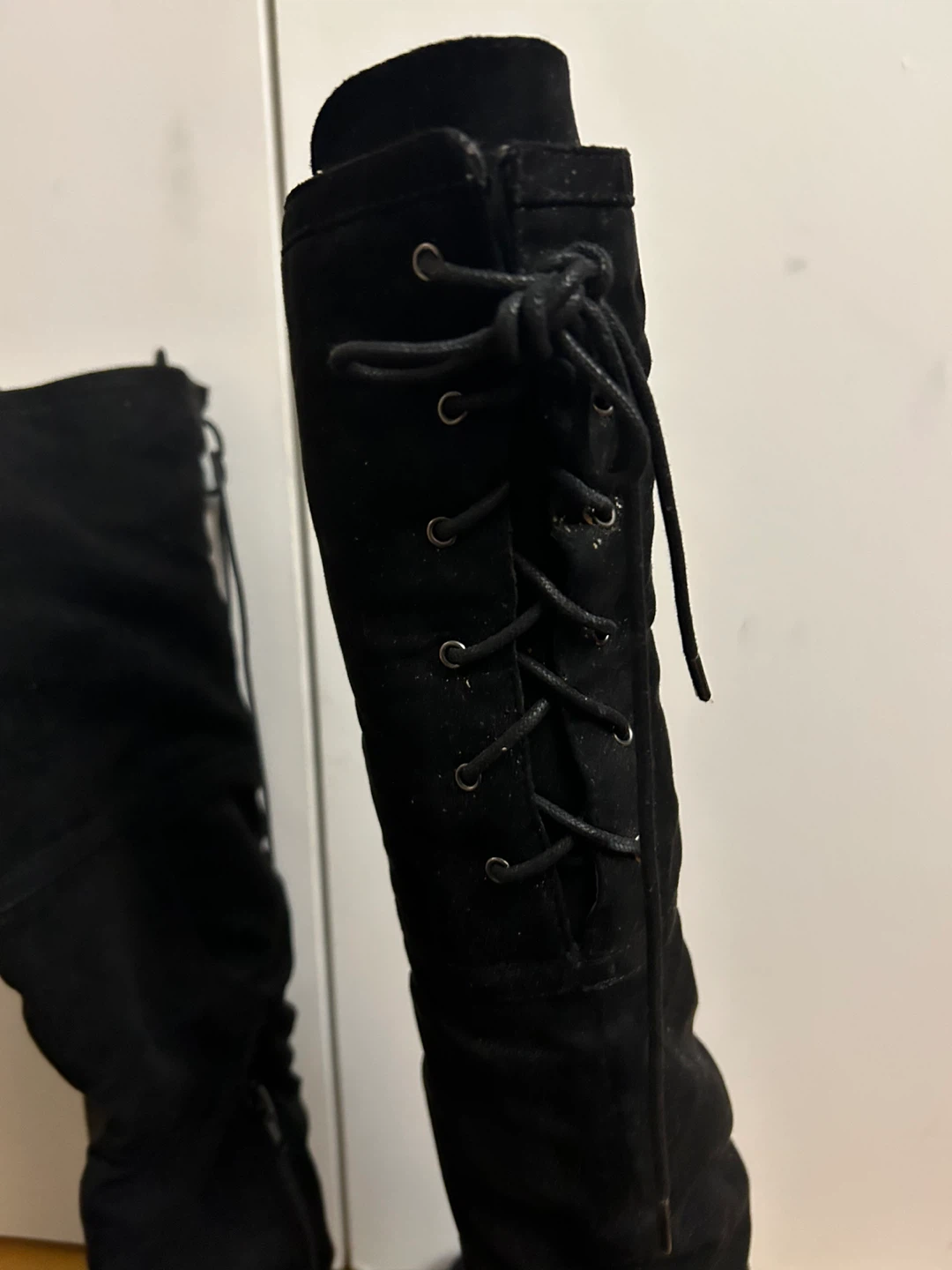Black Suede Over-the-Knee Boots with Lace-Up Detail - photo 4