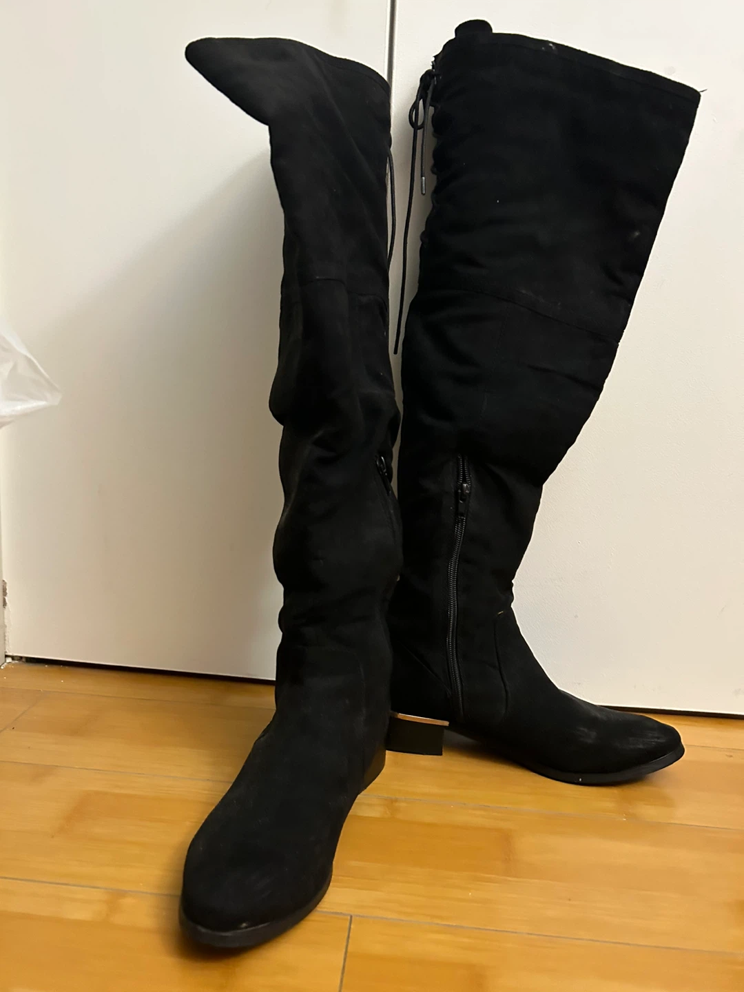 Black Suede Over-the-Knee Boots with Lace-Up Detail
