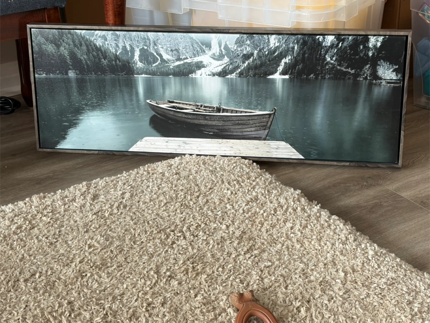 Framed Canvas Print - Lake with Boat and Mountains