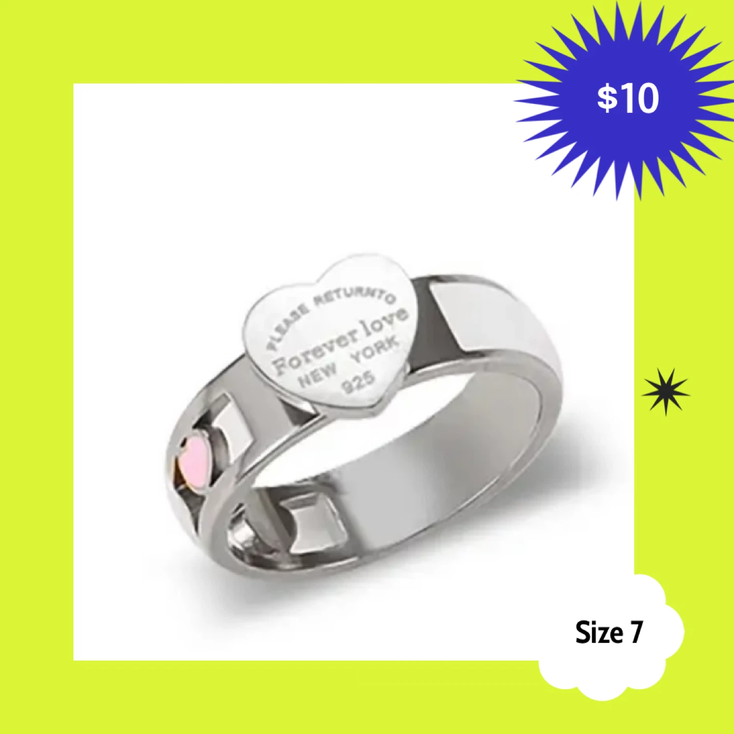 Silver Tone Heart Ring - Size 7