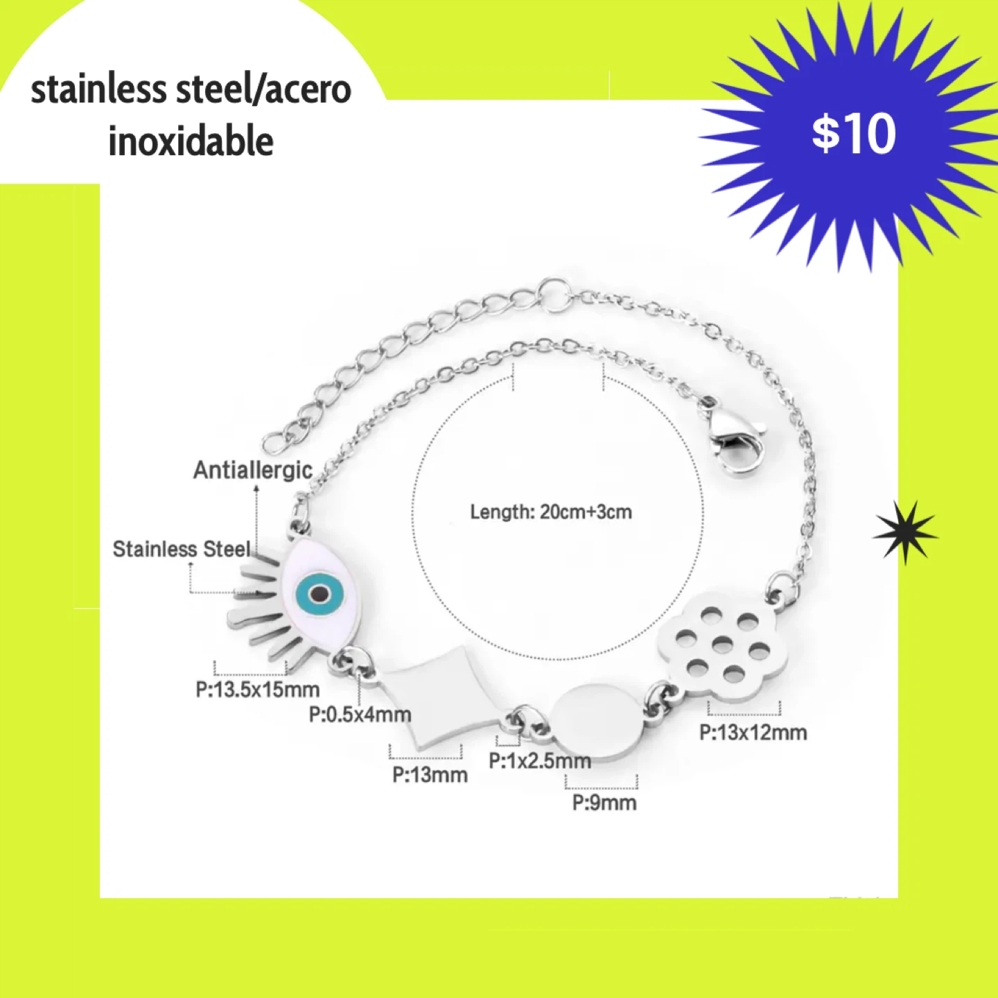 Stainless Steel Evil Eye Charm Bracelet