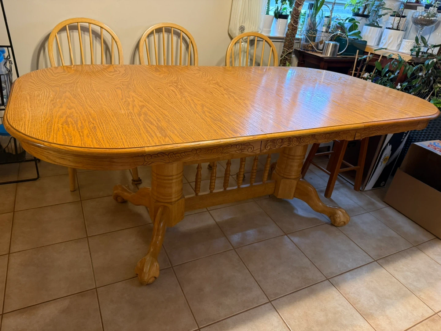 Solid Oak Dining Table with Ornate Pedestal Base