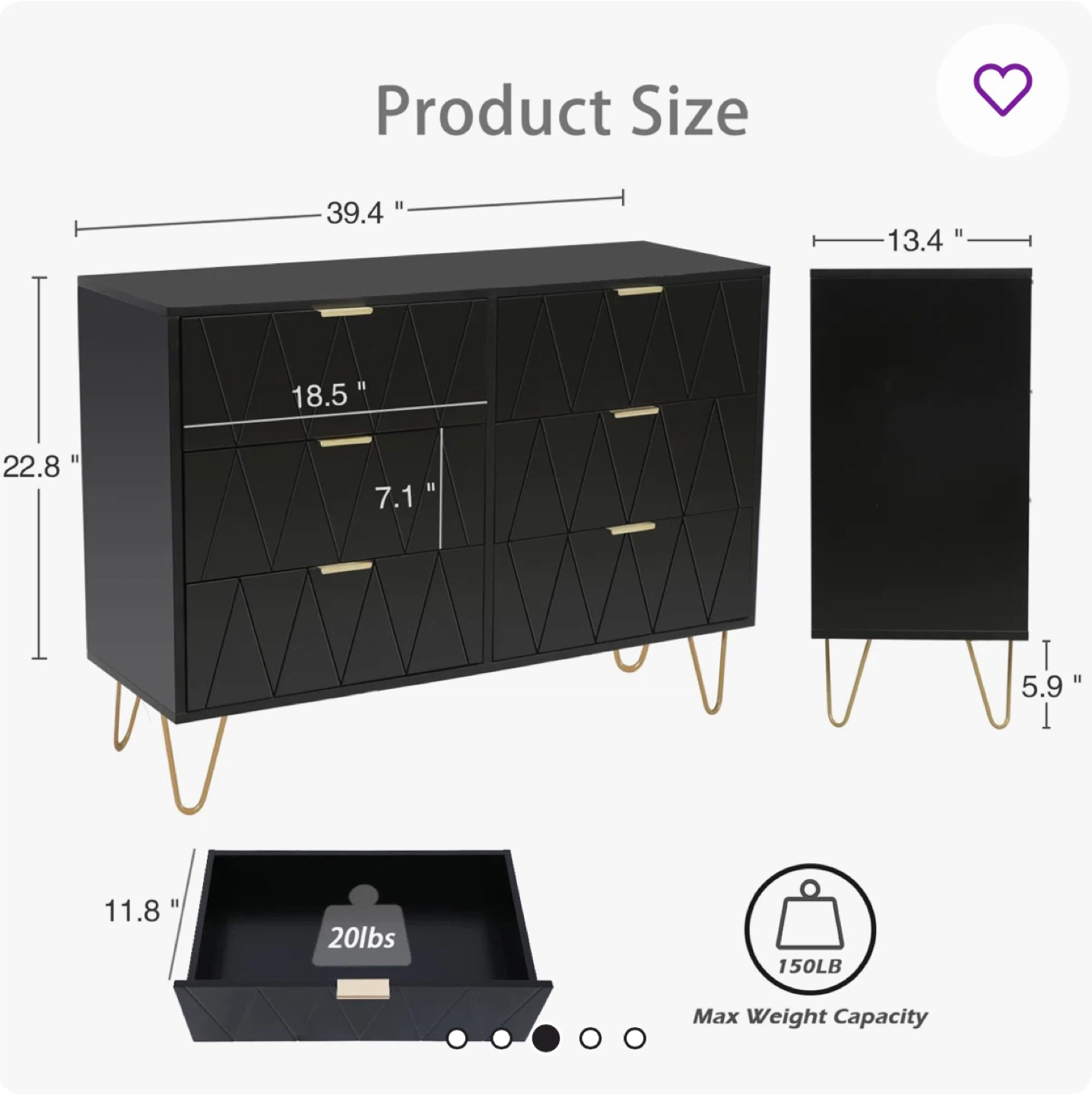 39.4” Black 6- Drawer Dresser Dresser with Gold Legs - photo 4