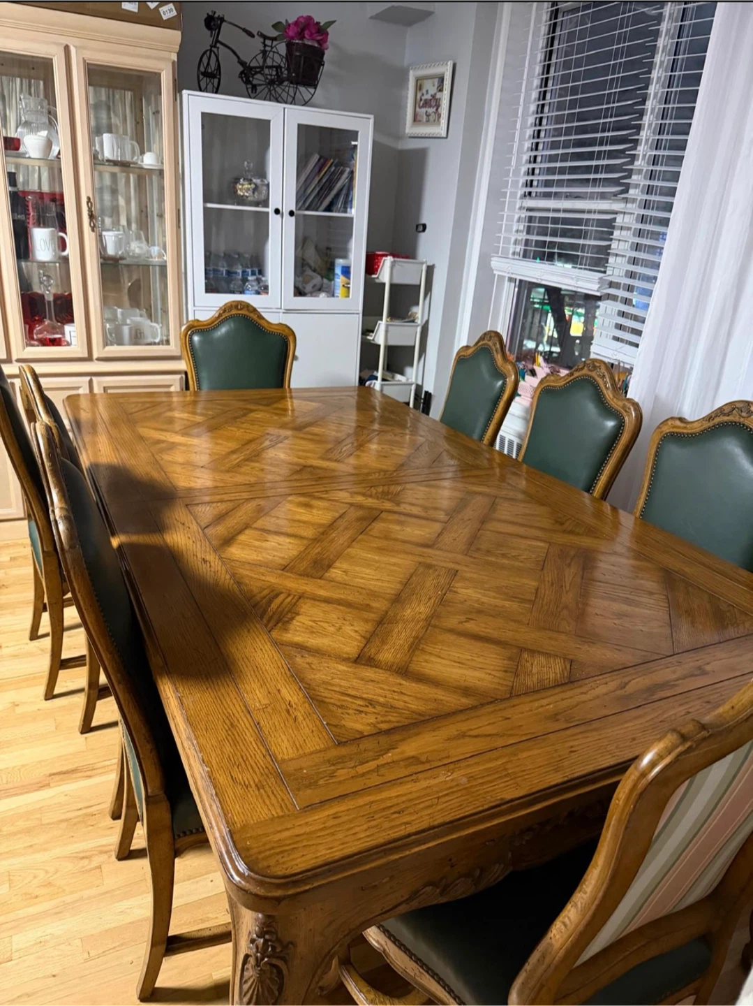 Wooden Dining Table with 6 Green Upholstered Chairs