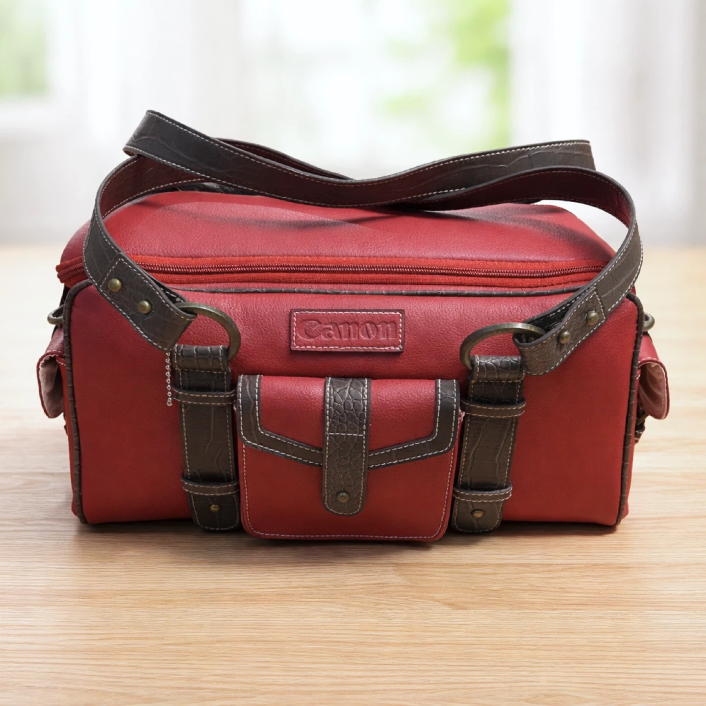 Canon Red Leather Camera Bag with Accessories