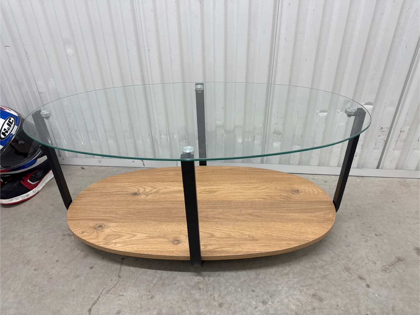 Oval Glass Coffee Table with Wood Shelf