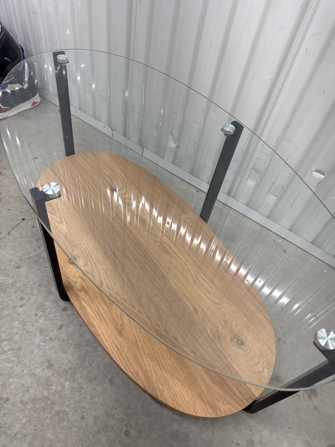 Oval Glass Coffee Table with Wood Shelf - photo 2
