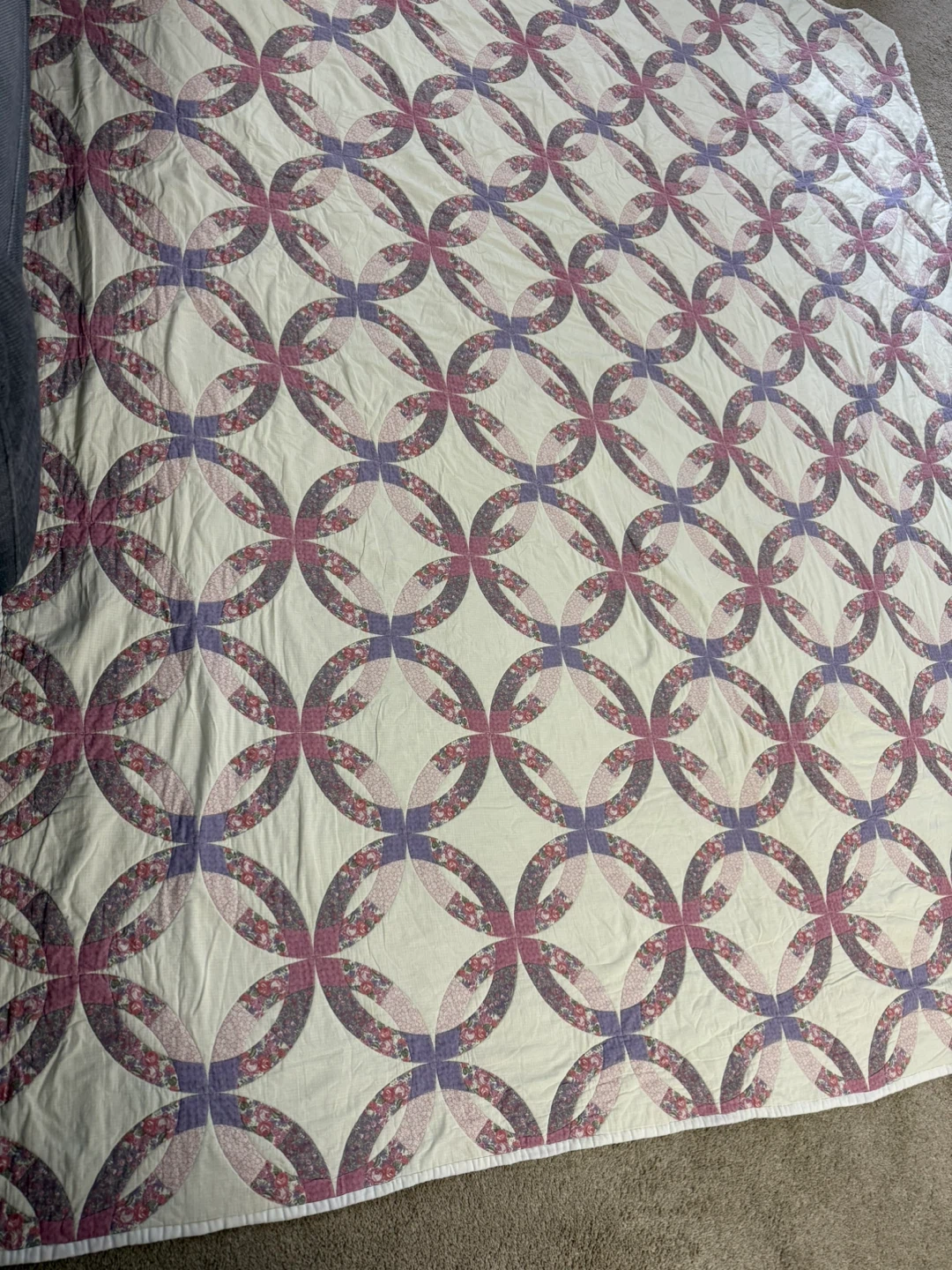 King Size Double Wedding Ring Style Quilt 84x96 Cotton - photo 3