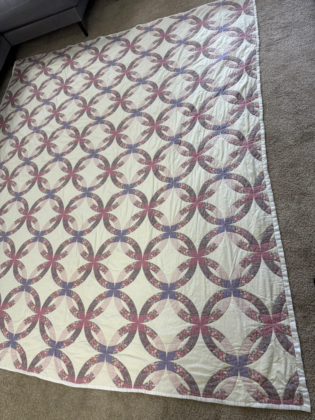 King Size Double Wedding Ring Style Quilt 84x96 Cotton - photo 2