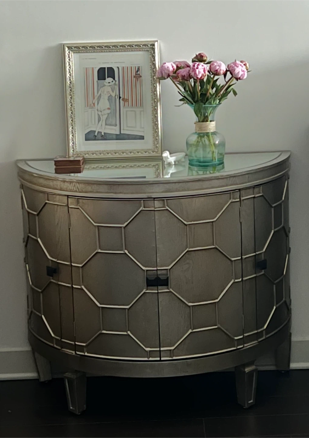 Silver Drum Cabinet with Geometric Overlay