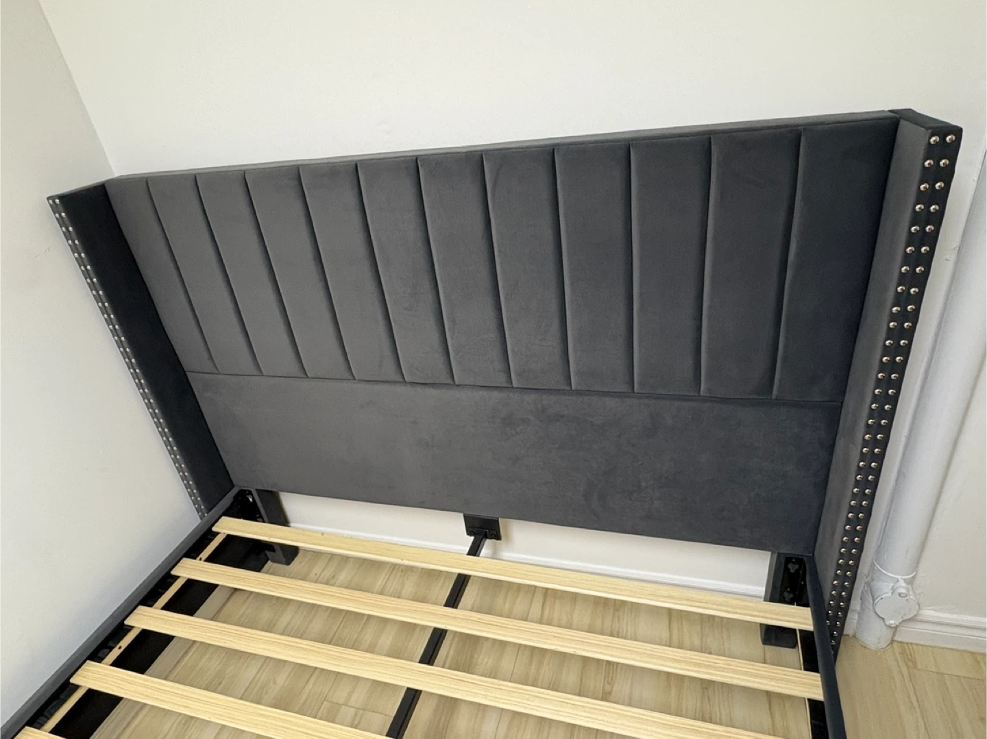 Velvet Wingback Bed Frame with Studs - Dark Grey - photo 4