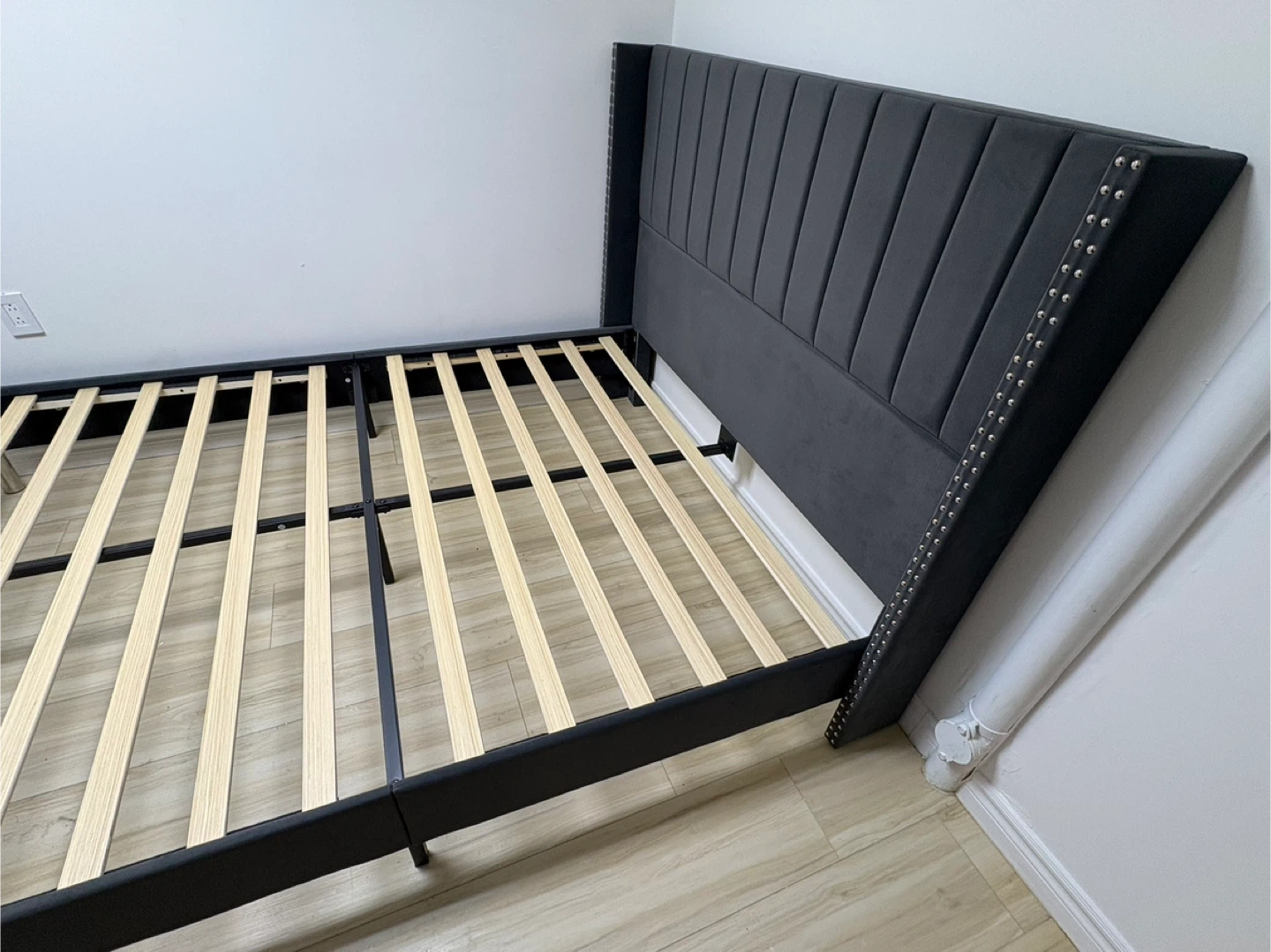 Velvet Wingback Bed Frame with Studs - Dark Grey - photo 2