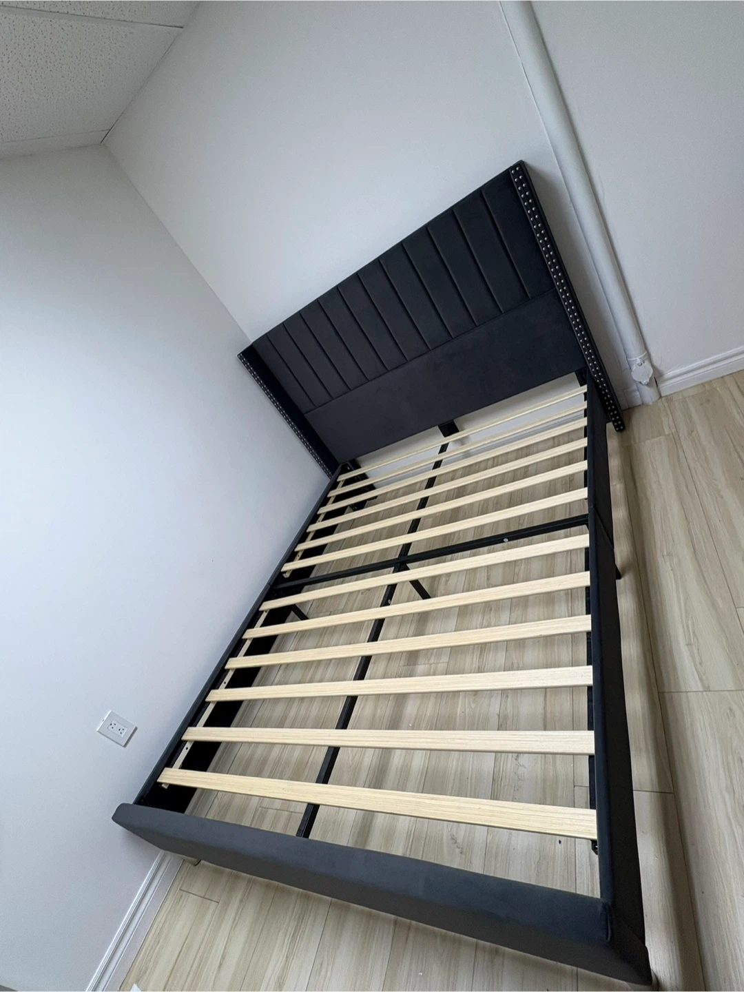 Velvet Wingback Bed Frame with Studs - Dark Grey